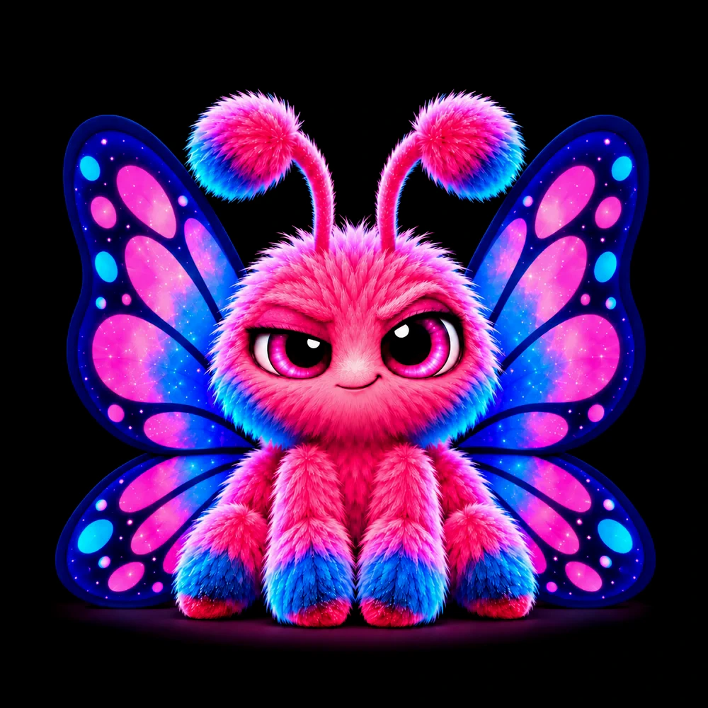 The VooBug mascot: a fuzzy pink bug with big pink eyes, one eyebrow raised, sitting with pink and blue galaxy butterfly wings.